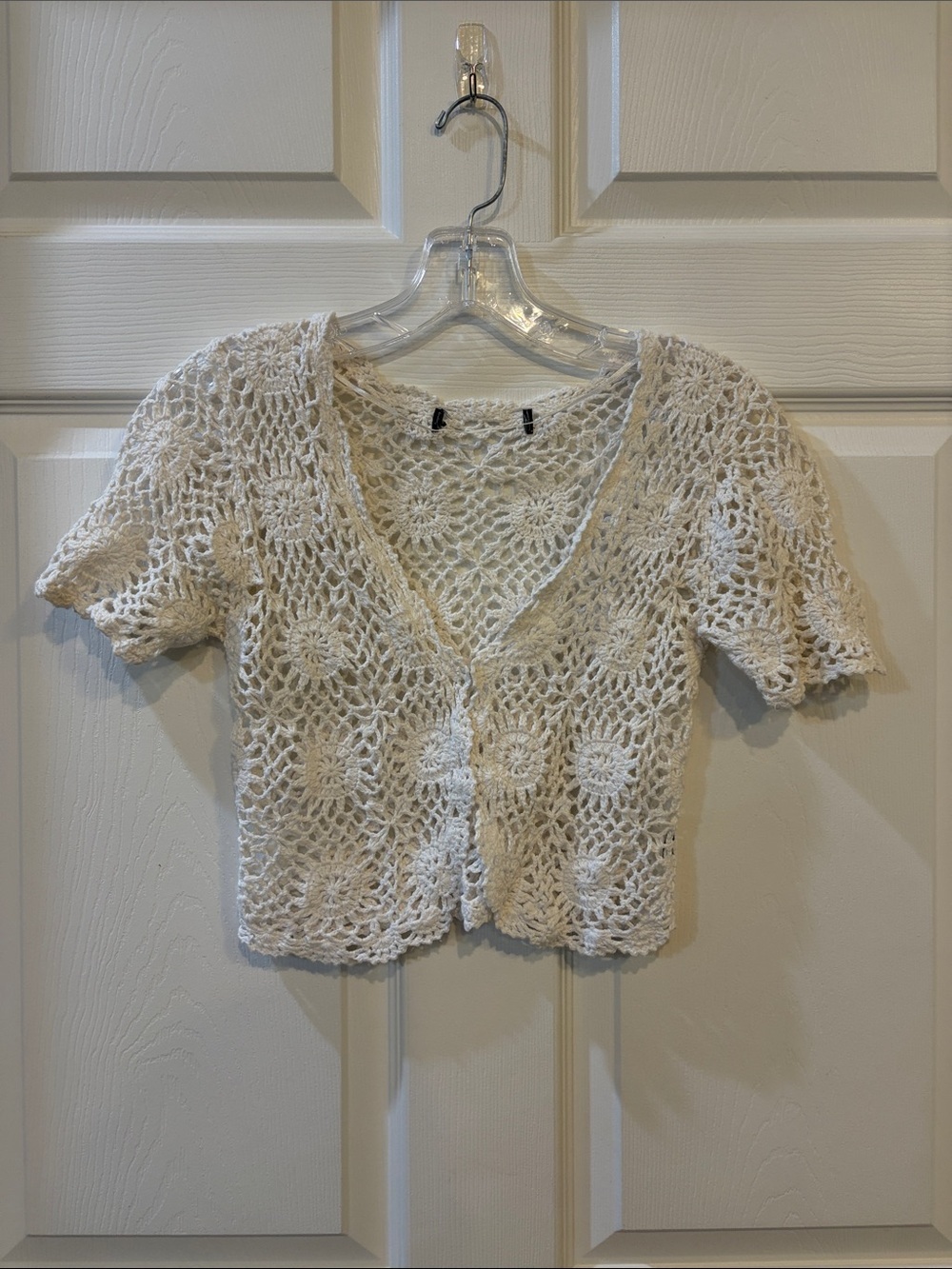 White Crochet Short-Sleeve Crop Top - Lightweight Button Front